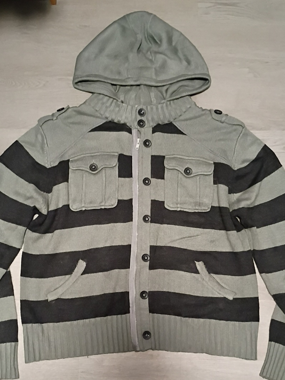 Foreign Exchange Hooded Striped Jacket in Sage & Black